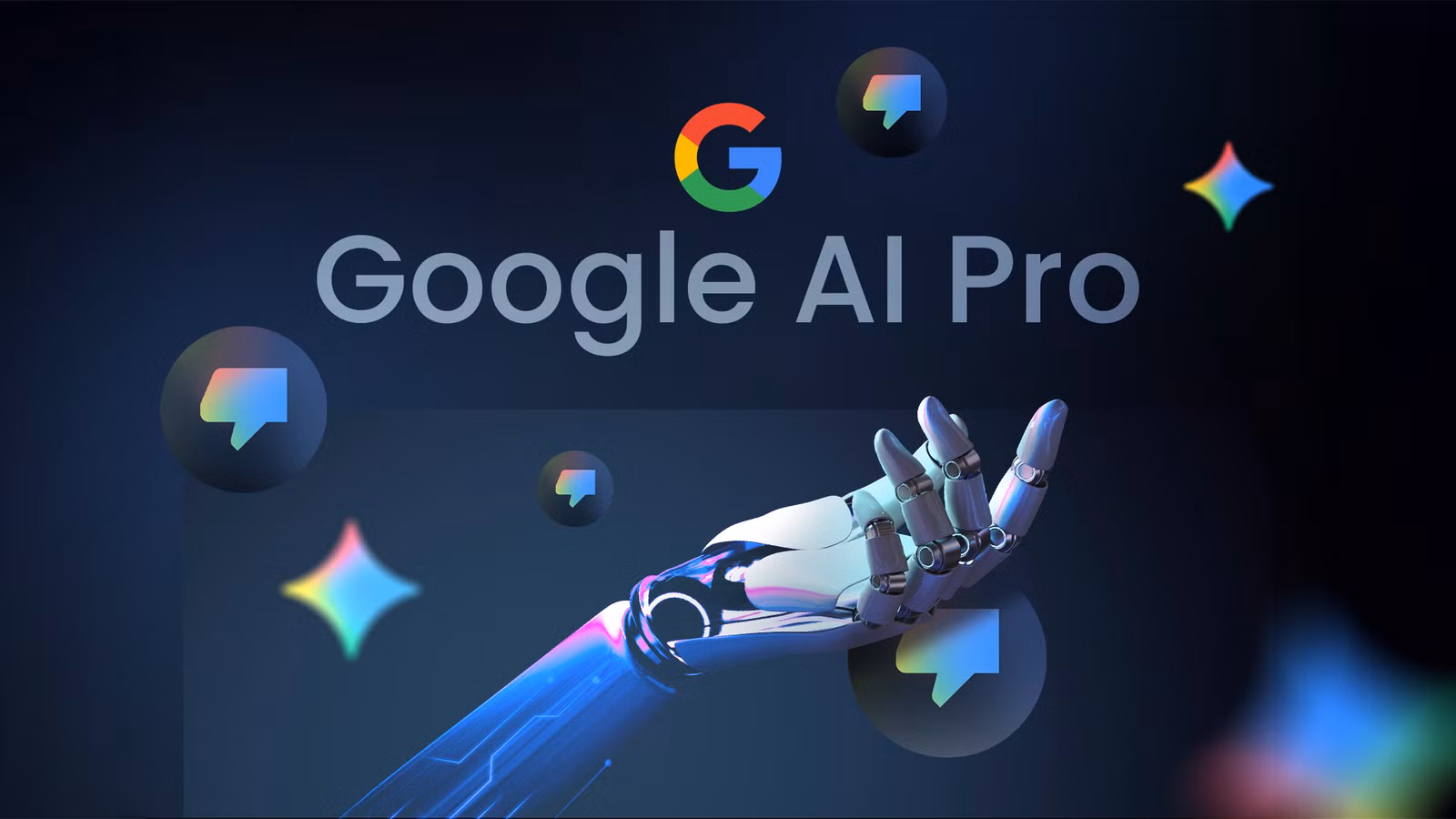 a-robotic-hand-reaching-upward-surrounded-by-gemini-and-thumbs-down-icons-with-the-text-google-ai-pro-and-the-google-logo-above خرید اکانت گوگل جمینای پرو