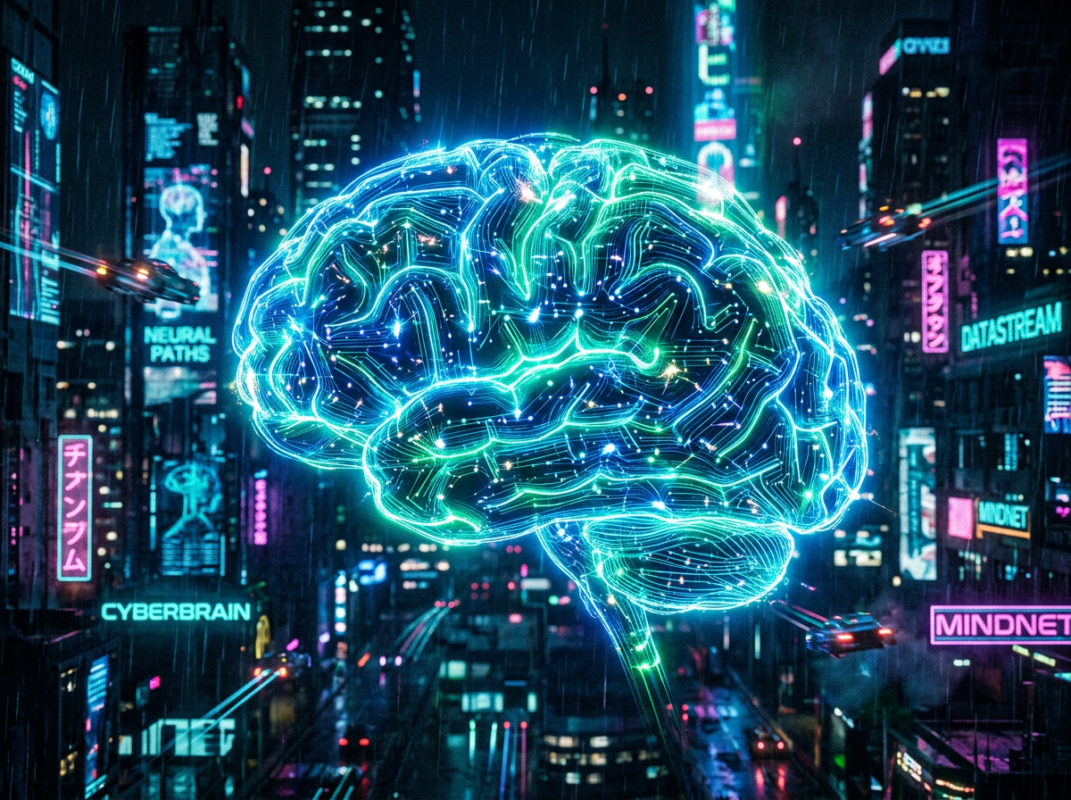 Neon glowing digital brain with light connections in a futuristic city at night.