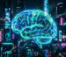Neon glowing digital brain with light connections in a futuristic city at night.