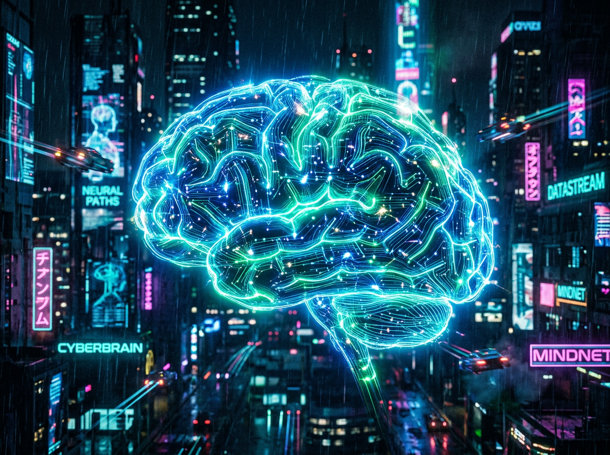 Neon glowing digital brain with light connections in a futuristic city at night.